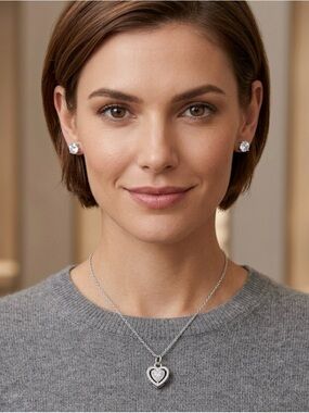 Swarovski Crystal Elements Heart Shape Necklace & Earring Set Silver Overlay